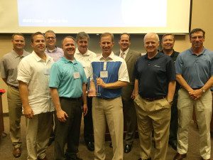 Members of North Risk Partners (NRP) leadership gather with West Bend representatives after being presented the company’s President’s Award, Wednesday, June 10, in Minneapolis. From left: NRP partner Mark Hayford, NRP COO Chris Meidt, West Bend Vice President Commercial Underwriting Rob Jacques, NRP partner Steve Thelen, NRP CEO and partner Pat McCann, NRP partner Barry Quernemoen, West Bend Director of Sales David Nycz and West Bend MN Regional Sales Managers Roger Brovold, Randy Paa and Matt Jakubowski. 